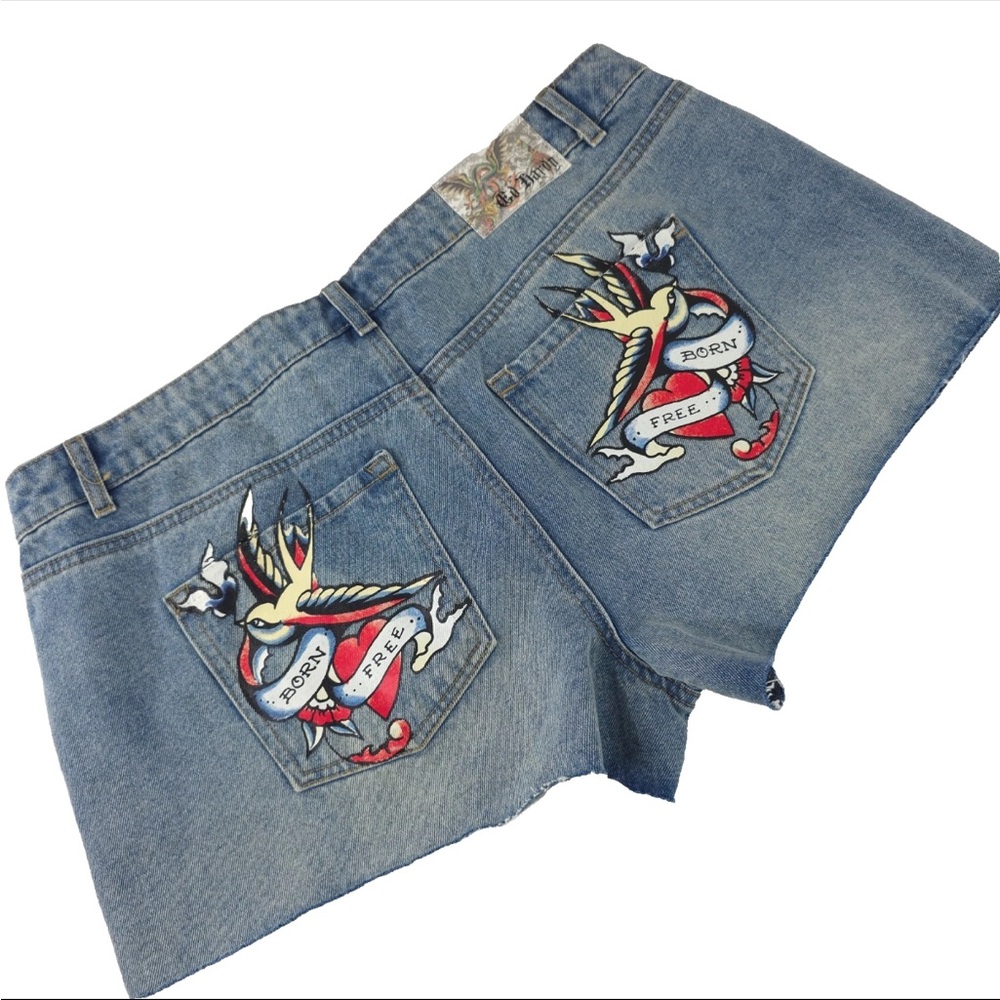 Ed Hardy Denim Shorts with Tattoo Art Design